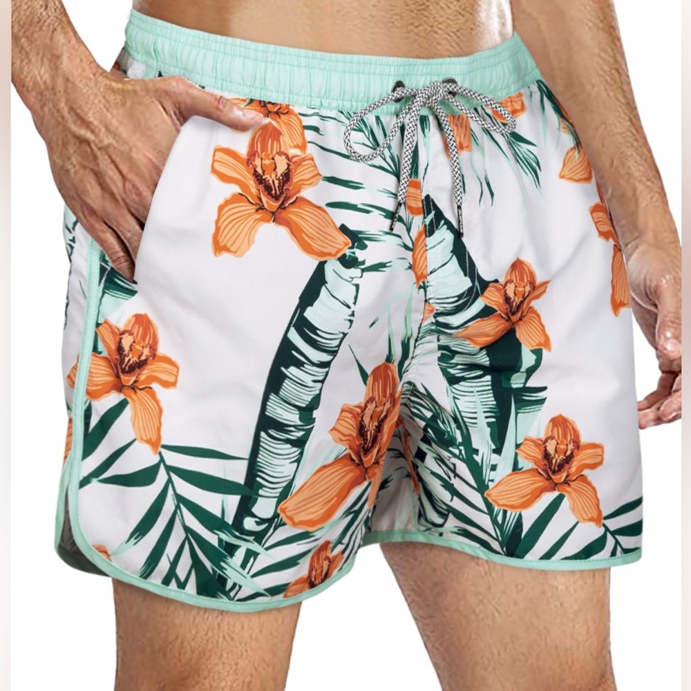 SURFCUZ MENS SWIM TRUNKS 5 INCH SWIMMING TRUNKS FLOWERS VINTAGE WITH MESH LINING